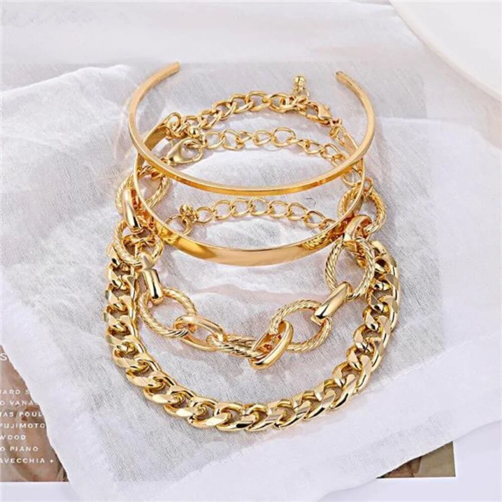 Trendy 4-Piece Gold Bracelet Set for Women – Chunky Chain, Minimalist Cuff